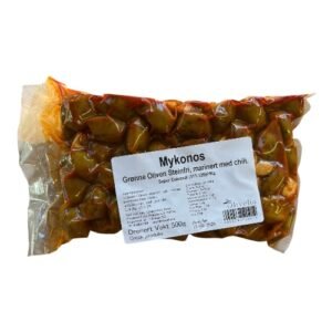 Mykonos – Grønne oliven steinfrie, marinert med chili – 500 g